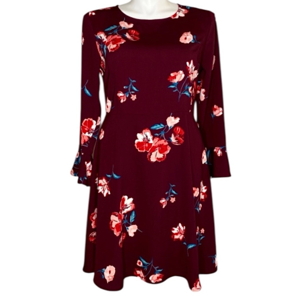 Old Navy maroon floral dress with fluted sleeves Sz.LT